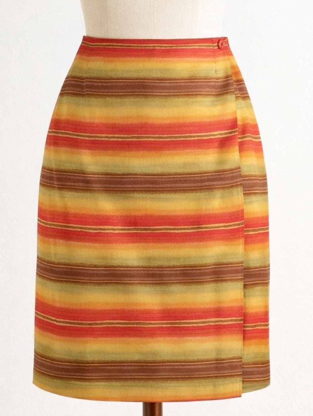 Vintage Liz Claiborne 100% Silk Faux Wrap Skirt Striped Red Orange Yellow 6